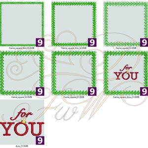 Könnte beinhalten: Sechs Stickmuster mit einem grünen Kranzrahmen und dem Text "for you" in Rot und Gold. Die Designs sind in verschiedenen Größen und Formaten verfügbar.