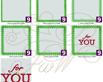 Christmas fir branch square frame set 7 embroidery designs 3 frame sizes + "For you" text Christmas Frame Border Set 7 embroidery designs