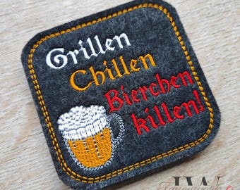 Glass coaster ITH embroidery file "Grilling, chilling, having a beer" with a beer mug design, 12 embroidery file formats