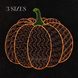 May include: Embroidered pumpkin design in orange and green on a black background. The pumpkin is detailed with intricate stitching patterns. The text "3 SIZES" is at the top. Ideal for autumn-themed crafts and decorations.