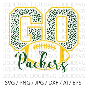 May include: Green and yellow "GO" with a leopard print pattern, a yellow football with a white heart, and the word "Packers" in green cursive.