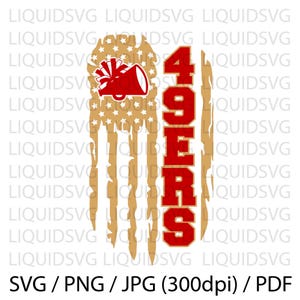 49ers Cheerleader SVG PNG | Rödguld Distressed Flag Megafon Pom Pom Svg | Go 49ers Cheerleader | Cricut Sublimeringsfil