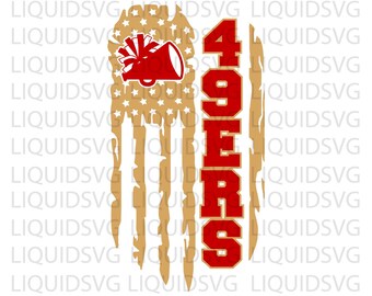 49ers Cheer SVG PNG | Red Gold Distressed Flag Megaphone Pom Pom Svg | Go 49ers Cheerleader | Cricut Sublimation File