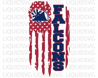 Falcons Cheer SVG PNG | Red Black Distressed Flag Megaphone Pom Pom Svg | Go Falcons Cheerleader | Cricut Sublimation File