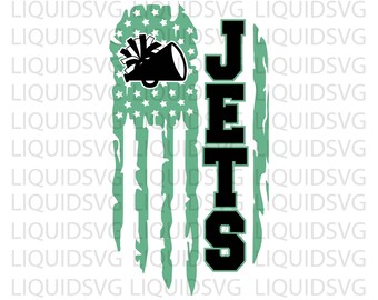 Jets Cheer SVG PNG | Green White Distressed Flag Megaphone Pom Pom Svg | Go Jets Cheerleader | Cricut Sublimation File
