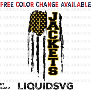 May include: A distressed American flag design with the word "JACKETS" in yellow letters. The flag is black, white, and red with a blue field of stars. The design is suitable for use as a digital download for crafting projects.