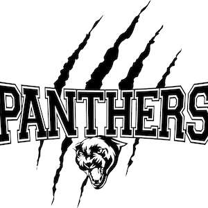 May include: A monochrome graphic featuring the word "PANTHERS" in a bold, block letter font, accompanied by a panther head and claw marks. The panther head is snarling, and the claw marks are jagged.