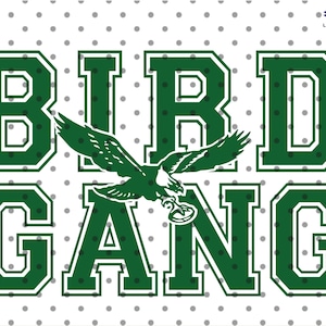 Op de afbeelding: Groen en wit grafisch ontwerp met de tekst "BIRD GANG" in een vet, blokkerig lettertype. Een groene adelaar met een voetbal in zijn klauwen bevindt zich in het midden tussen de woorden "BIRD" en "GANG".