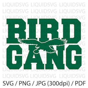 Op de afbeelding: Groen grafisch ontwerp met de tekst "Bird Gang" en een wit silhouet van een vogel die boven de tekst vliegt.