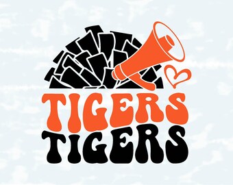 Tigers Svg Png | Retro Groovy Cheer Pom Pom Megaphone Svg | Go Tigers Team Spirit | Cricut Sublimation File