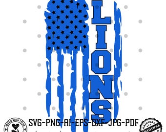 Lions SVG PNG | Blue Silver Outline Distressed Flag Football Svg | Go Lions Team Design | Cricut Sublimation File