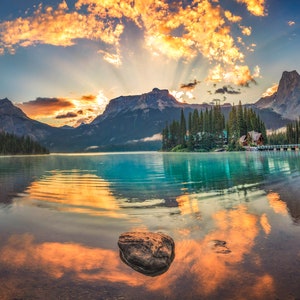 Emerald Lake Photography;&quot;Banff Sunrise, Canadian Nature Triptych - BC Mountains, Lake Reflection