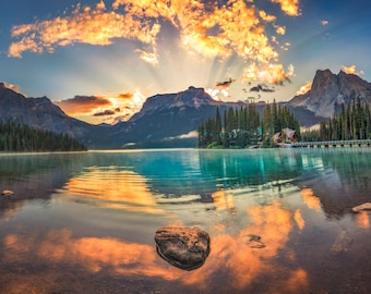 Emerald Lake Photography;&quot;Banff Sunrise, Canadian Nature Triptych - BC Mountains, Lake Reflection