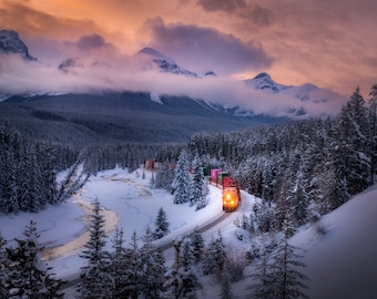 Winter Sunset in Morant's Curve, Banff National Park Photography Fine Art Paper, Canvas, Acrylic Print - Lake Louise, Alberta, Canada