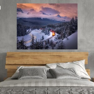 Banff Winter Sunset Art Print – Morant’s Curve Train Photo, Christmas Wall Decor
