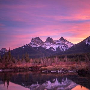 Sunset view of Three Sisters Mountain Wall Decor Photography Art Print, Canmore, Alberta, Canada