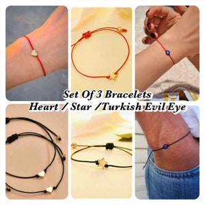 Set of 3  Bracelets / Gold  Star / Heart / Turkısh Evil Eye / Black - Red Rope / Gift for  her / his /