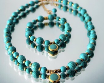 Natural Turquoise Stone Necklace & Bracelet Set - Gemstone Accessories - Handmade Jewelry