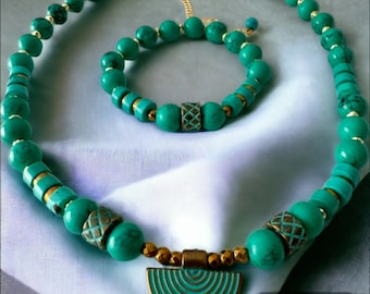 Natural Turquoise Stone Necklace & Bracelet Set - Gemstone Accessories - Handmade Jewelry