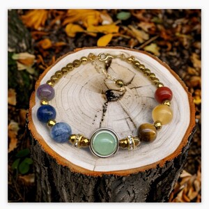 Può includere: Un braccialetto dorato con sette perline di pietre preziose di diversi colori e un ciondolo di pietra verde. Il braccialetto è su un ceppo d'albero.