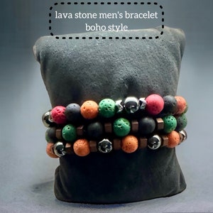 Handcrafted with Colorful Lava Stone & Natural Stones ; Boho Style Men&#39;s Bracelet , Healing Bracelet, Beaded Bracelet , Gemstone Jewelry