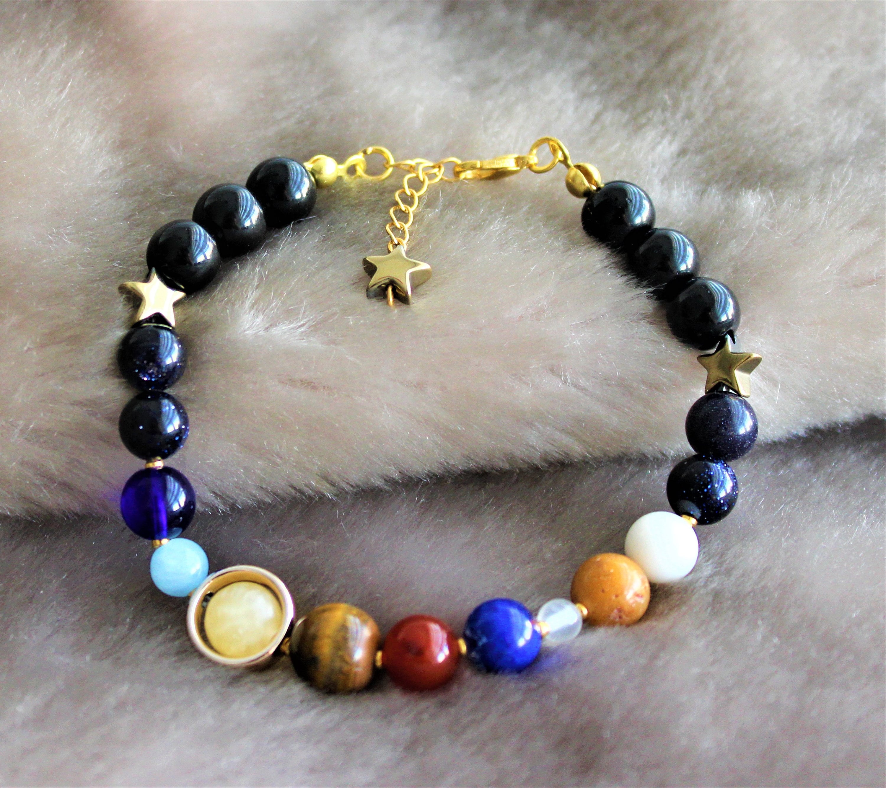 Solar System Planets Bracelet - Gemstone Bead Adjustable Cord, Eight Planets Design, Natural Stones, Modern Bohemian Jewelry
