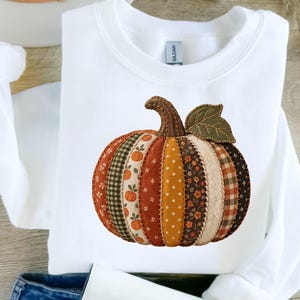 May include: A white long-sleeve sweatshirt featuring a large, central pumpkin graphic. The pumpkin is composed of vertical fabric strips in various autumn-toned patterns, including plaid, floral, and polka dot prints, with a dark green leaf.