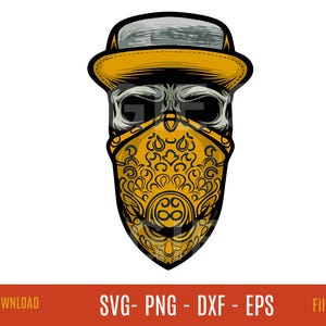 Bandana Skull with Cap Svg, Bearded Man, Day of the Dead, Dad, Mechanic, Skeleton Head, Gothic, Shirt, Cut File, Clipart, Png, Dxf, Eps