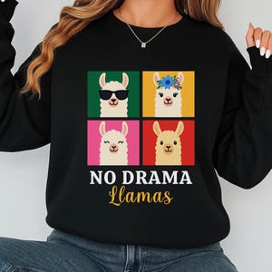 May include: Black sweatshirt featuring a colorful graphic of four llamas, each in a different square. The llamas have sunglasses, flowers, and other details. The text "NO DRAMA Llamas" is printed below the llamas.