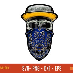 Bandana Skull with Cap Svg, Bearded Man, Day of the Dead, Dad, Mechanic, Skeleton Head, Gothic, Shirt, Cut File, Clipart, Png, Dxf, Eps