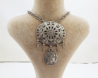 Handcrafted Silver Color Necklace -Statement Necklace,Bold and Confident,Rolo Chain,Mythical,Artisan Necklace,Unleash Athena&#39;s Power Gift