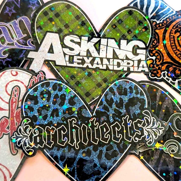 Pegatina holográfica de vinilo con forma de corazón de banda emo rock metal