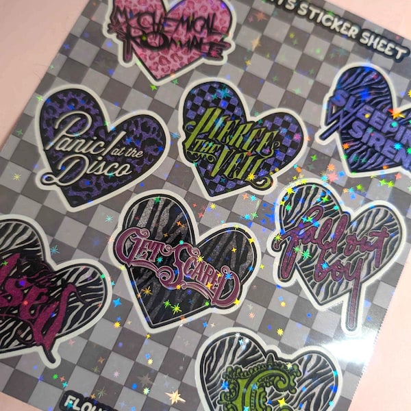 Foglio di adesivi in vinile olografico Mini Band Emo Rock Heart