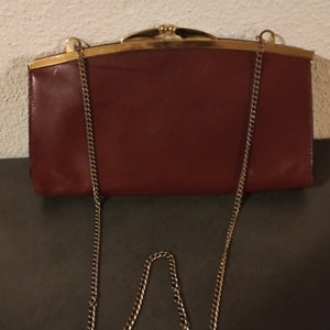 VINTAGE maroon leather evening clutch bag with gold chain