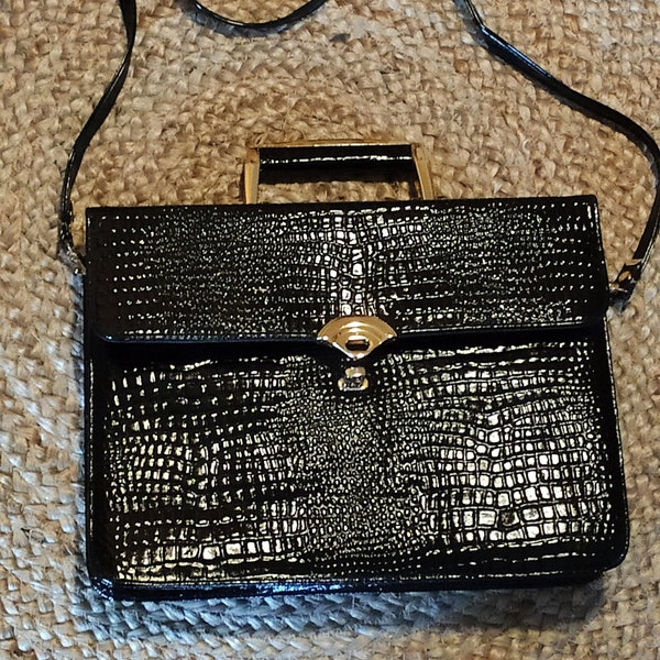 VINTAGE Kunstkrokodil Schwarze Handtasche Umhängetasche 90er