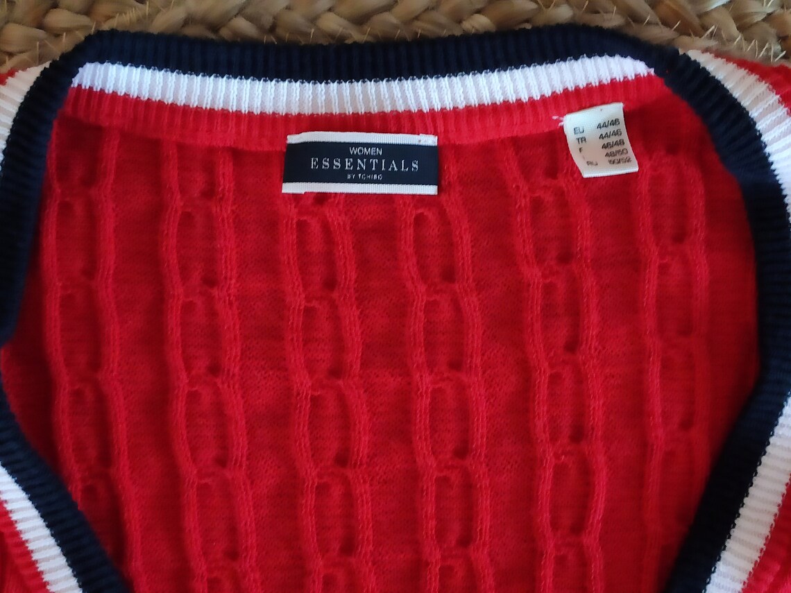 VINTAGE Strickjacke 44/46 Zopfmuster Rot/Blau/Weiß, foto 2 di 4