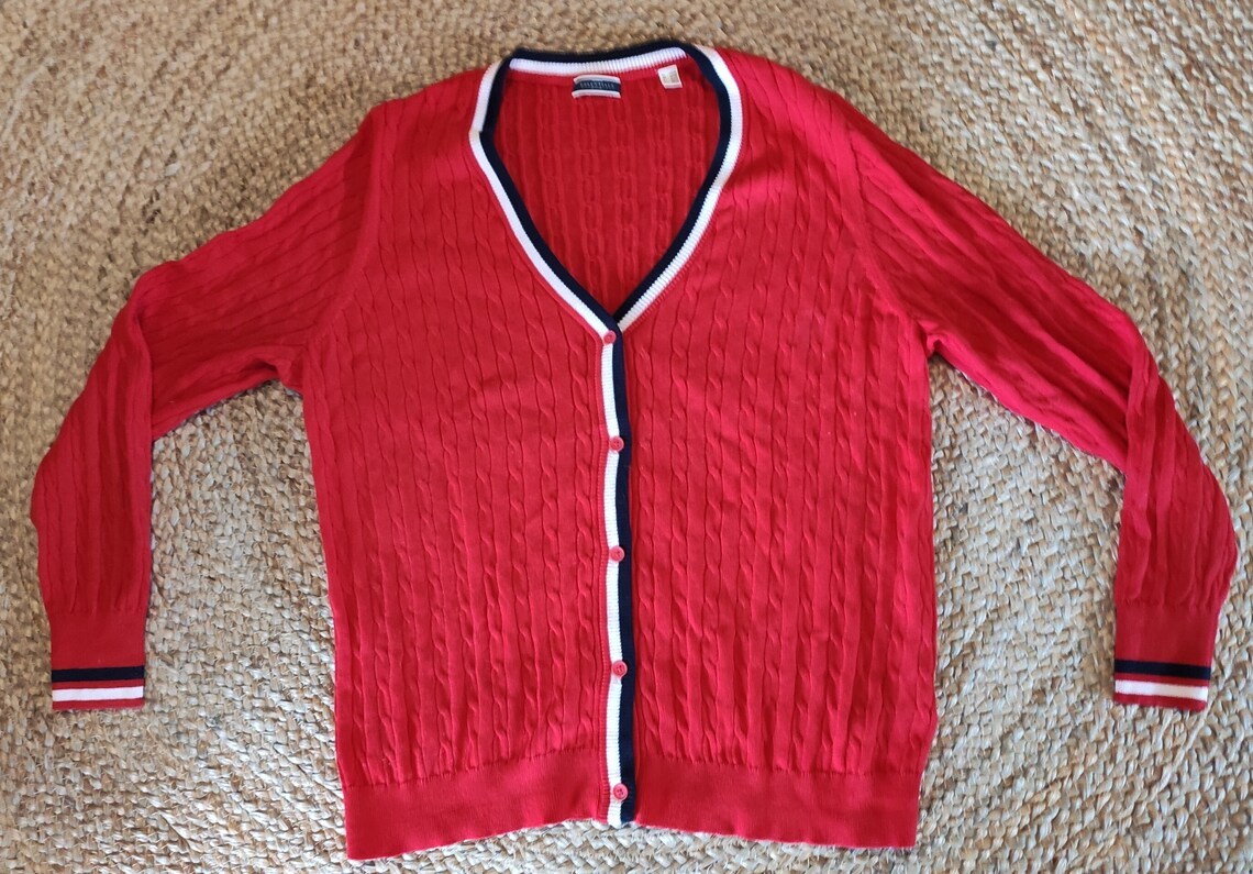 VINTAGE Strickjacke 44/46 Zopfmuster Rot/Blau/Weiß, foto 1 di 4