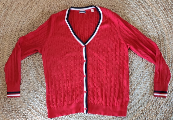 VINTAGE Strickjacke 44/46 Zopfmuster Rot/Blau/Weiß