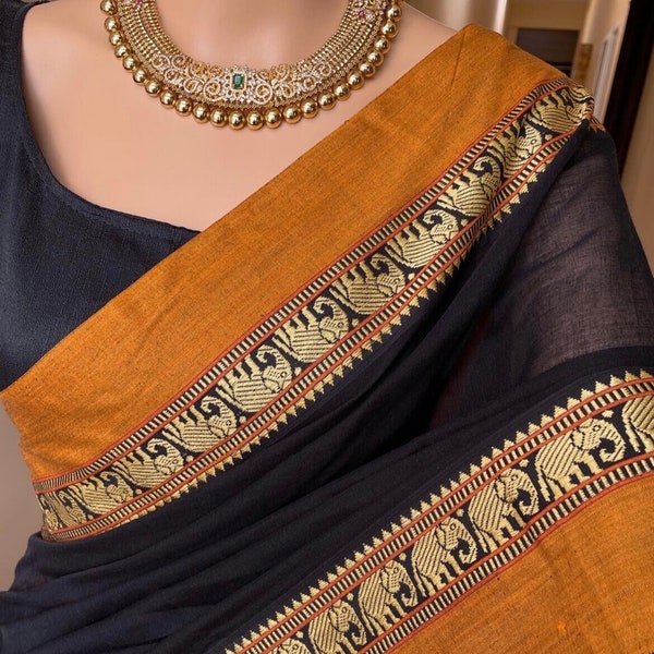 NOUVEAUTÉS | Sari en coton Narayanpet noir avec bordure moutarde | Sari de mariage | Sari États-Unis | Chemisier à coutures personnalisées | Sari du sud de l'Inde