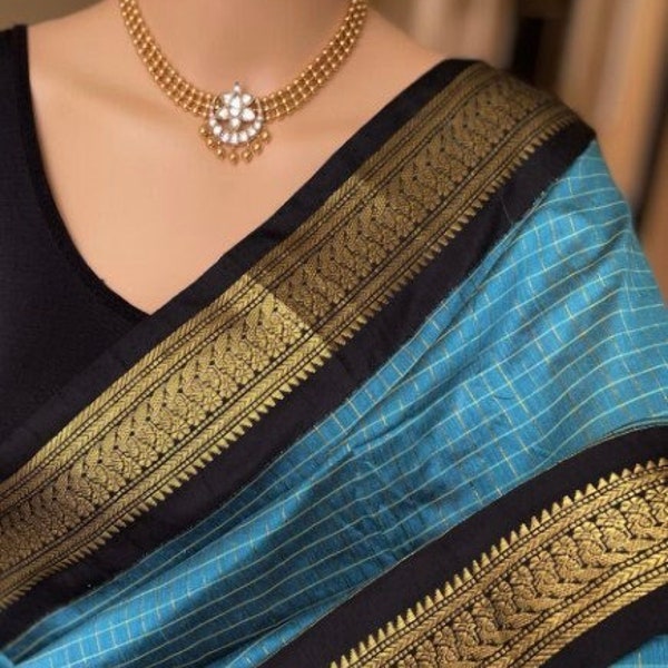 Sari bleu ciel en coton et soie à carreaux | Sari de l'Inde du Sud | Sari de mariage | Saris Etats-Unis | Chemisier à coutures personnalisées