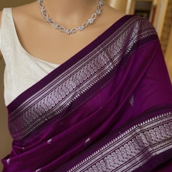 New Exclusive DARK MAGENTA Silk Cotton Saree With Silver Border South Indian Saree | Wedding Saree | Sarees USA | Custom Stitching Blouse