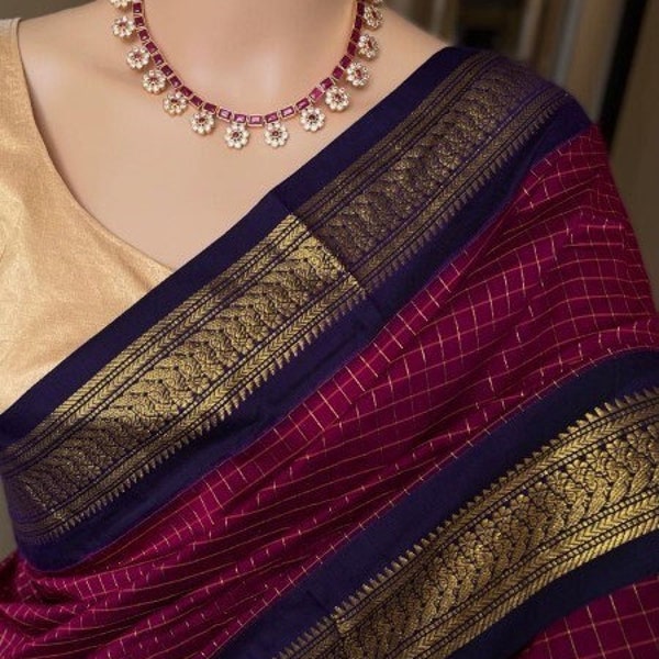 Sari en coton et soie de couleur magenta à carreaux | Sari de l'Inde du Sud | Sari de mariage | Saris Etats-Unis | Chemisier à coutures personnalisées