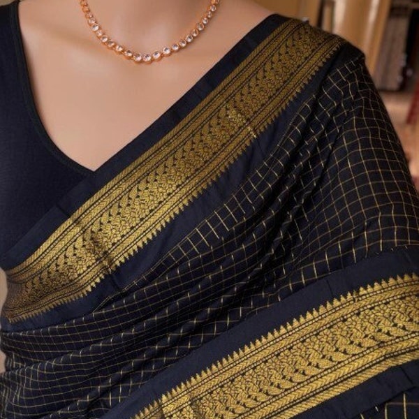 NOUVEAU sari exclusif en soie et coton noir à carreaux | Sari de l'Inde du Sud | Sari de mariage | Saris Etats-Unis | Chemisier à coutures personnalisées
