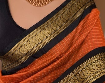 NEW And Exclusive Orange color Silk Cotton Saree With Checks | South Indian Saree | Wedding Saree | Sarees USA | Custom Stitching Blouse