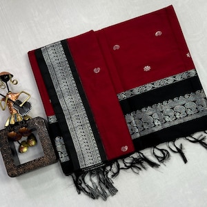NEW Exclusive Reddish Maroon Silk Cotton Saree With Silver Border South Indian Saree | Wedding Saree | Sarees USA | Custom Stitching Blouse