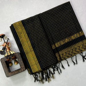 NEW And Exclusive Black Silk Cotton Saree With Checks | South Indian Saree | Wedding Saree | Sarees USA | Custom Stitching Blouse