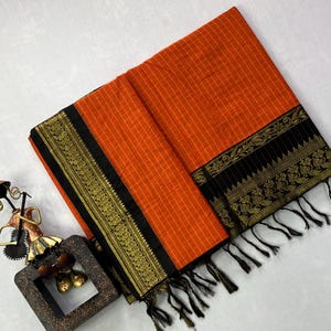 NEW And Exclusive Orange color Silk Cotton Saree With Checks | South Indian Saree | Wedding Saree | Sarees USA | Custom Stitching Blouse