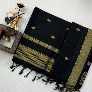 New Arrivals Beautiful Black Silk Cotton with Golden Border | South Indian Saree | Wedding Saree | Sarees USA | Custom Stitching Blouse