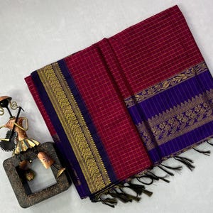 New Arrivals magenta color Cotton Silk Saree With Checks | South Indian Saree | Wedding Saree | Sarees USA | Custom Stitching Blouse