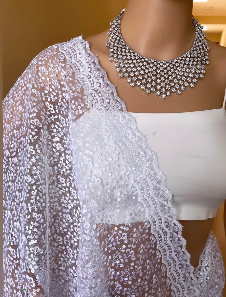 Pearl White Net Saree - Rent main image 1